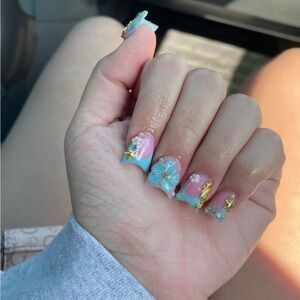 Blue and Pink Floral Nail Art